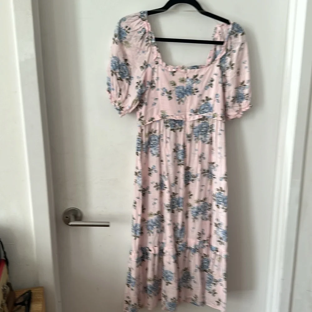 Gal Meets Glam Isabel Smocked Midi Dress Pink Blue Floral Print Size 0 - Picture 4 of 6